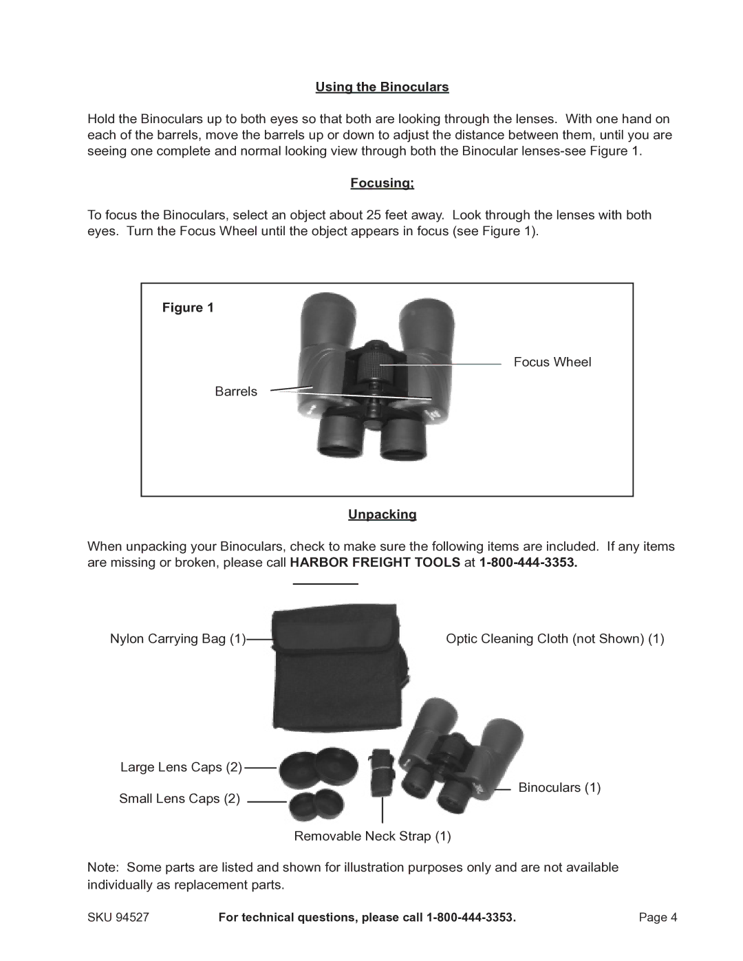 Harbor Freight Tools 94527 manual Using the Binoculars, Focusing, Unpacking 