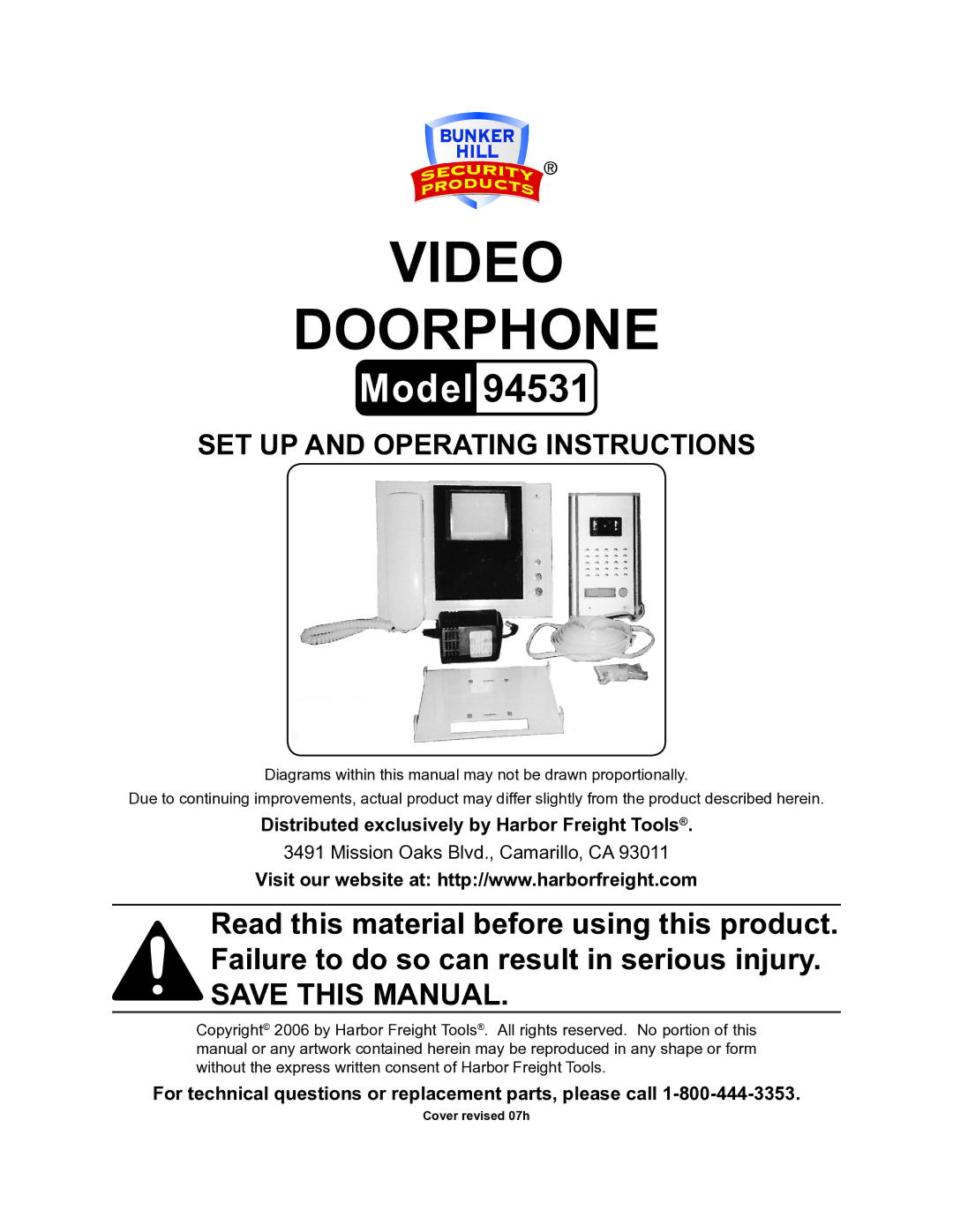 Harbor Freight Tools 94531 operating instructions Distributed exclusively by Harbor Freight Tools 