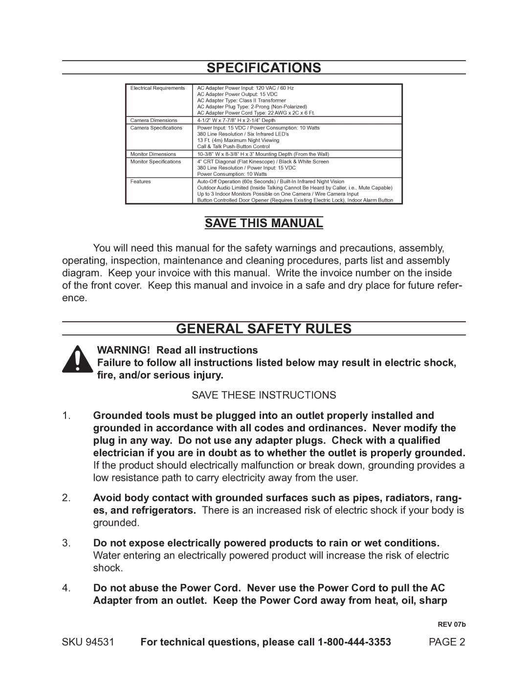 Harbor Freight Tools 94531 Specifications, General Safety Rules, SKU For technical questions, please call 