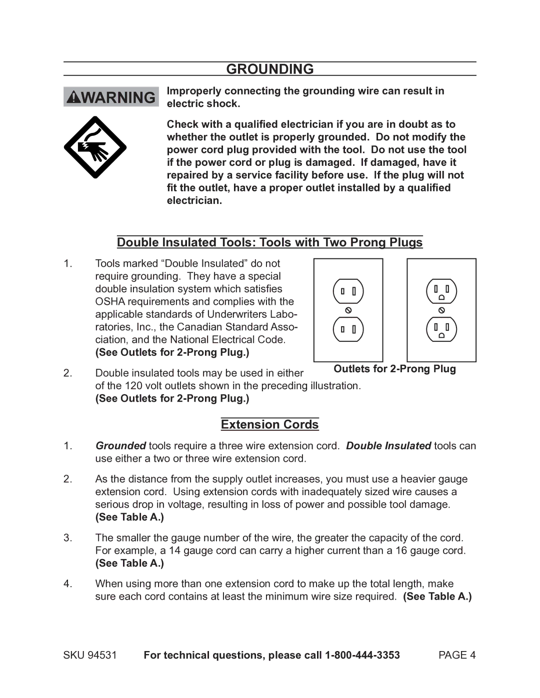 Harbor Freight Tools 94531 Improperly connecting the grounding wire can result, Electric shock, See Table a 