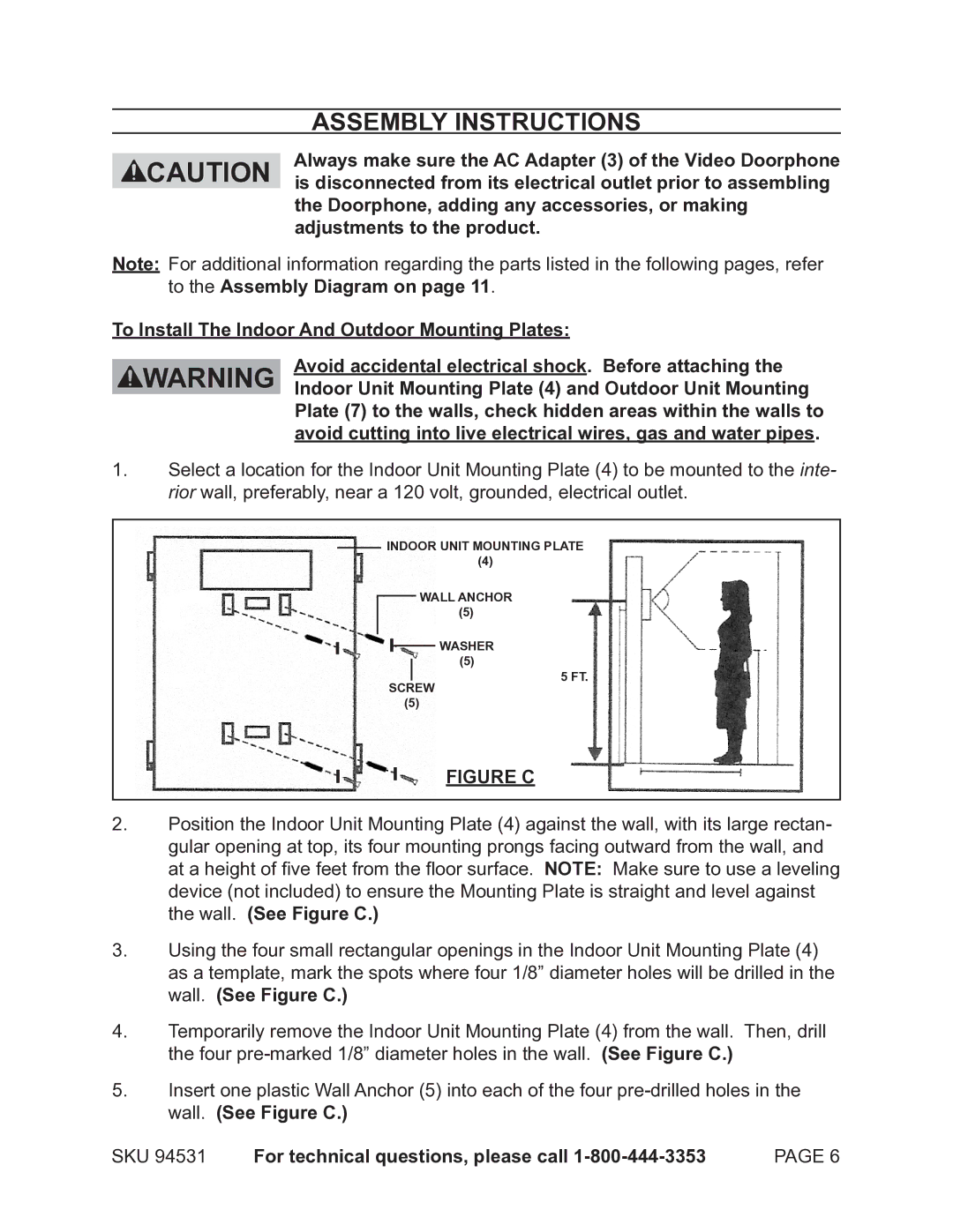 Harbor Freight Tools 94531 Assembly Instructions, Always make sure the AC Adapter 3 of the Video Doorphone 