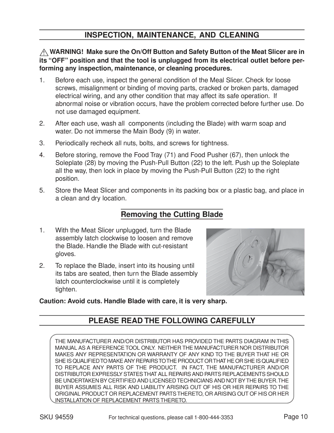 Harbor Freight Tools 94559 manual INSPECTION, MAINTENANCE, and Cleaning, Removing the Cutting Blade 