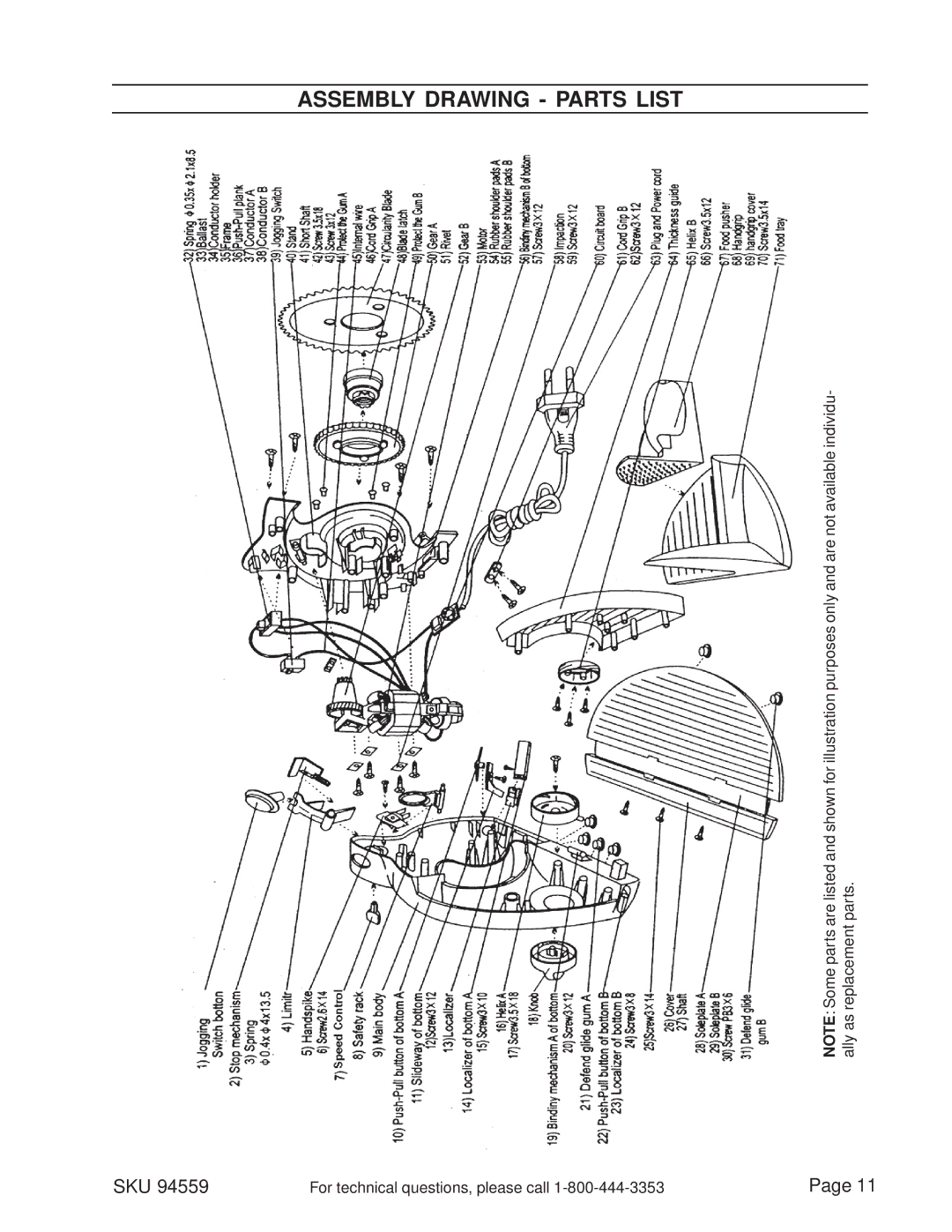 Harbor Freight Tools 94559 manual Assembly Drawing Parts List 