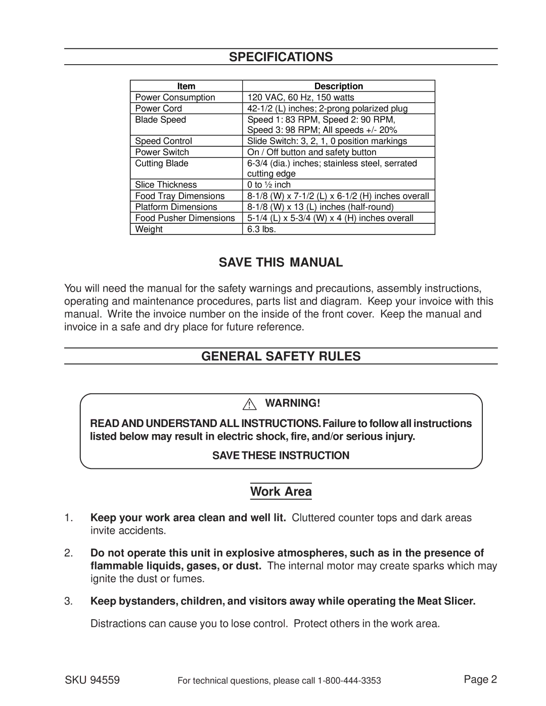 Harbor Freight Tools 94559 manual Specifications, Save this Manual, General Safety Rules, Work Area 