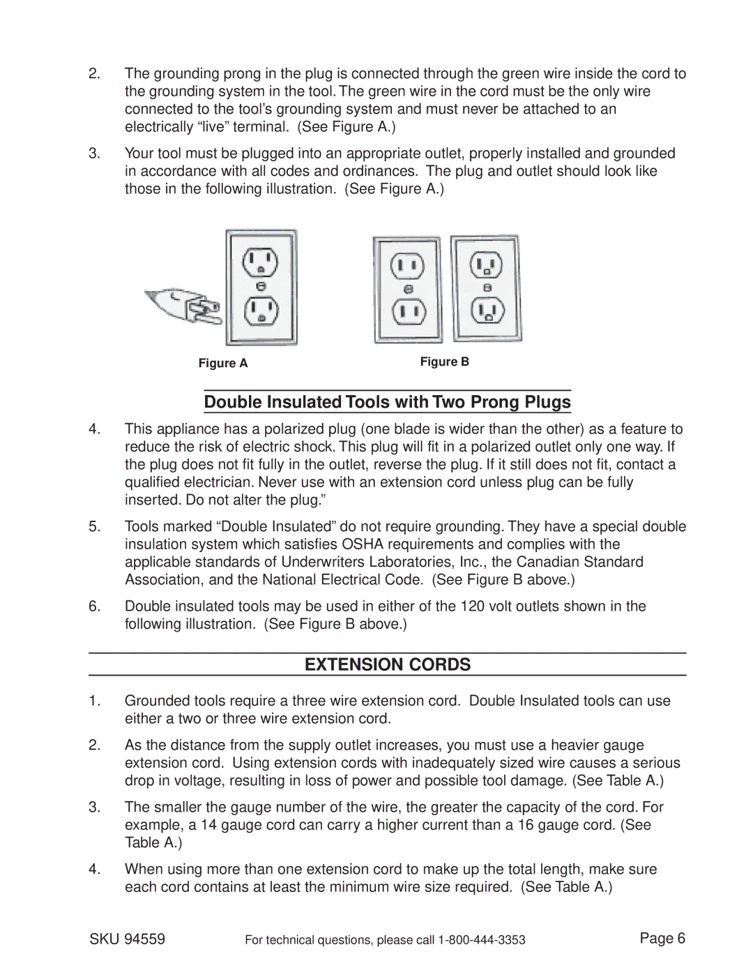 Harbor Freight Tools 94559 manual Double Insulated Tools with Two Prong Plugs, Extension Cords 