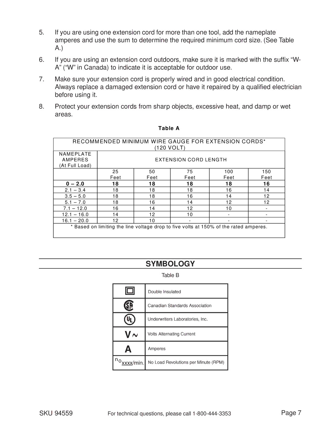 Harbor Freight Tools 94559 manual Symbology, Table a 