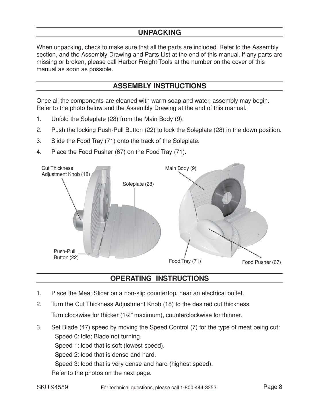 Harbor Freight Tools 94559 manual Unpacking, Assembly Instructions, Operating Instructions 