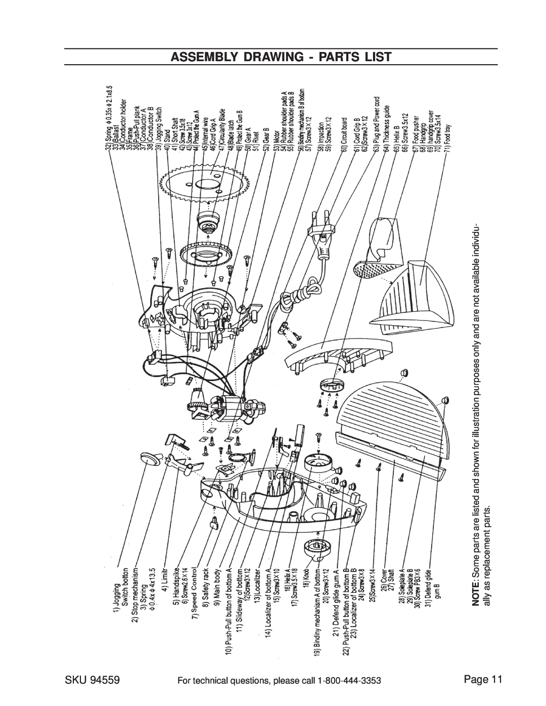 Harbor Freight Tools 94559 manual Assembly Drawing - Parts List, Page, individu, replacement parts, ally as 