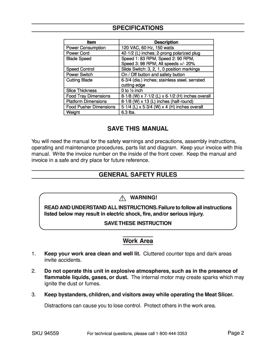 Harbor Freight Tools 94559 manual Specifications, Save This Manual, General Safety Rules, Work Area, Save These Instruction 