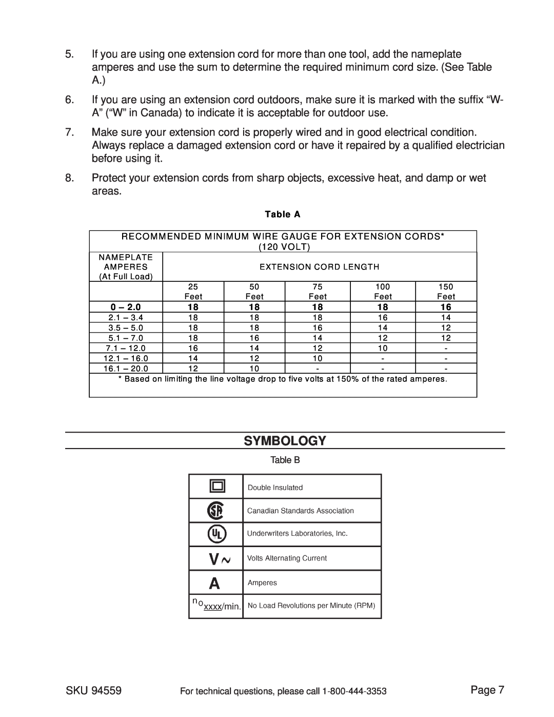 Harbor Freight Tools 94559 manual Symbology, Table A 