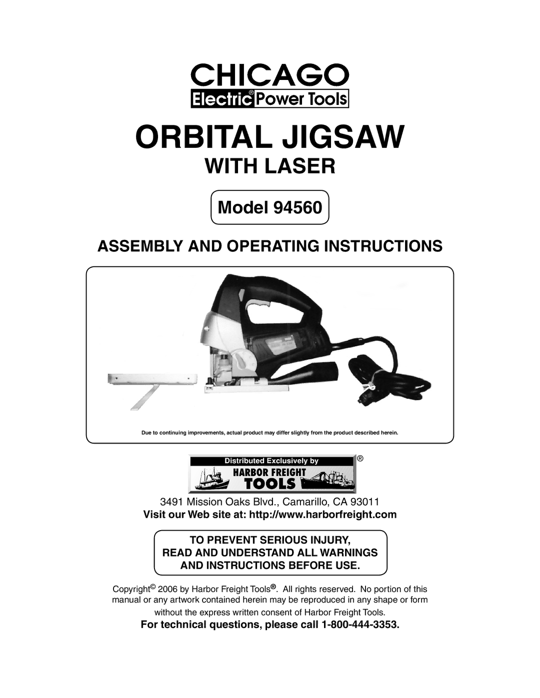 Harbor Freight Tools 94560 operating instructions Orbital Jigsaw, For technical questions, please call 