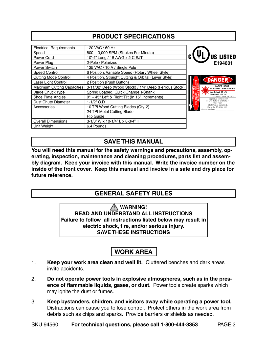 Harbor Freight Tools 94560 operating instructions Product Specifications, Save this Manual, General Safety Rules, Work Area 