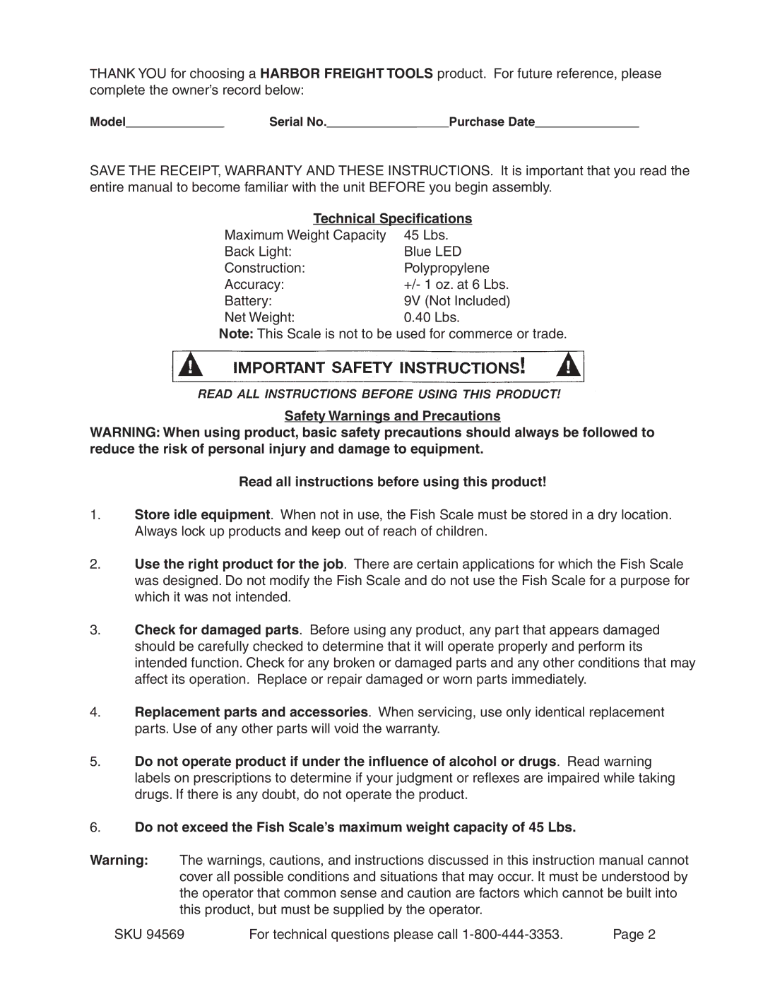 Harbor Freight Tools 94569 operating instructions Technical Specifications 