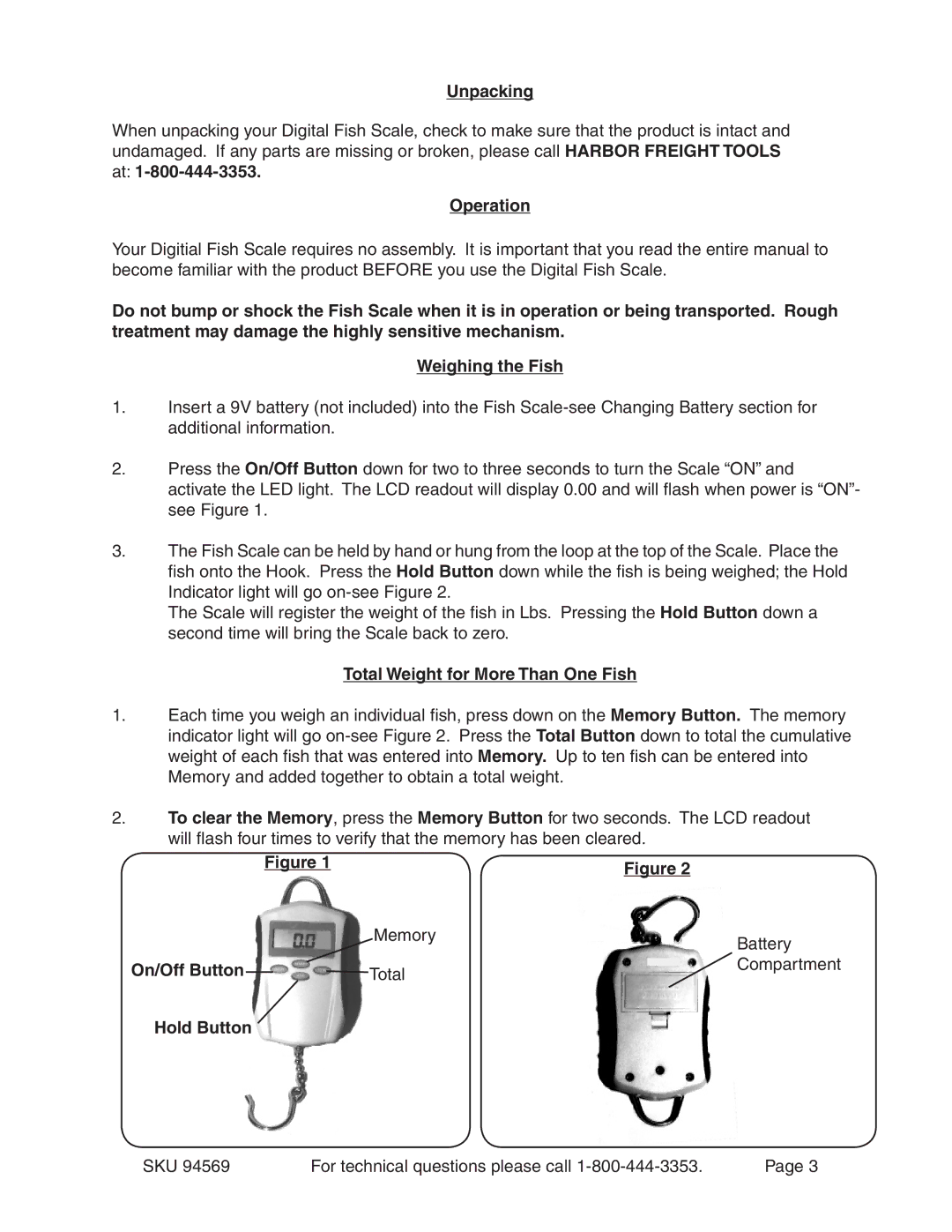 Harbor Freight Tools 94569 Unpacking, Operation, Total Weight for More Than One Fish, On/Off Button, Hold Button 