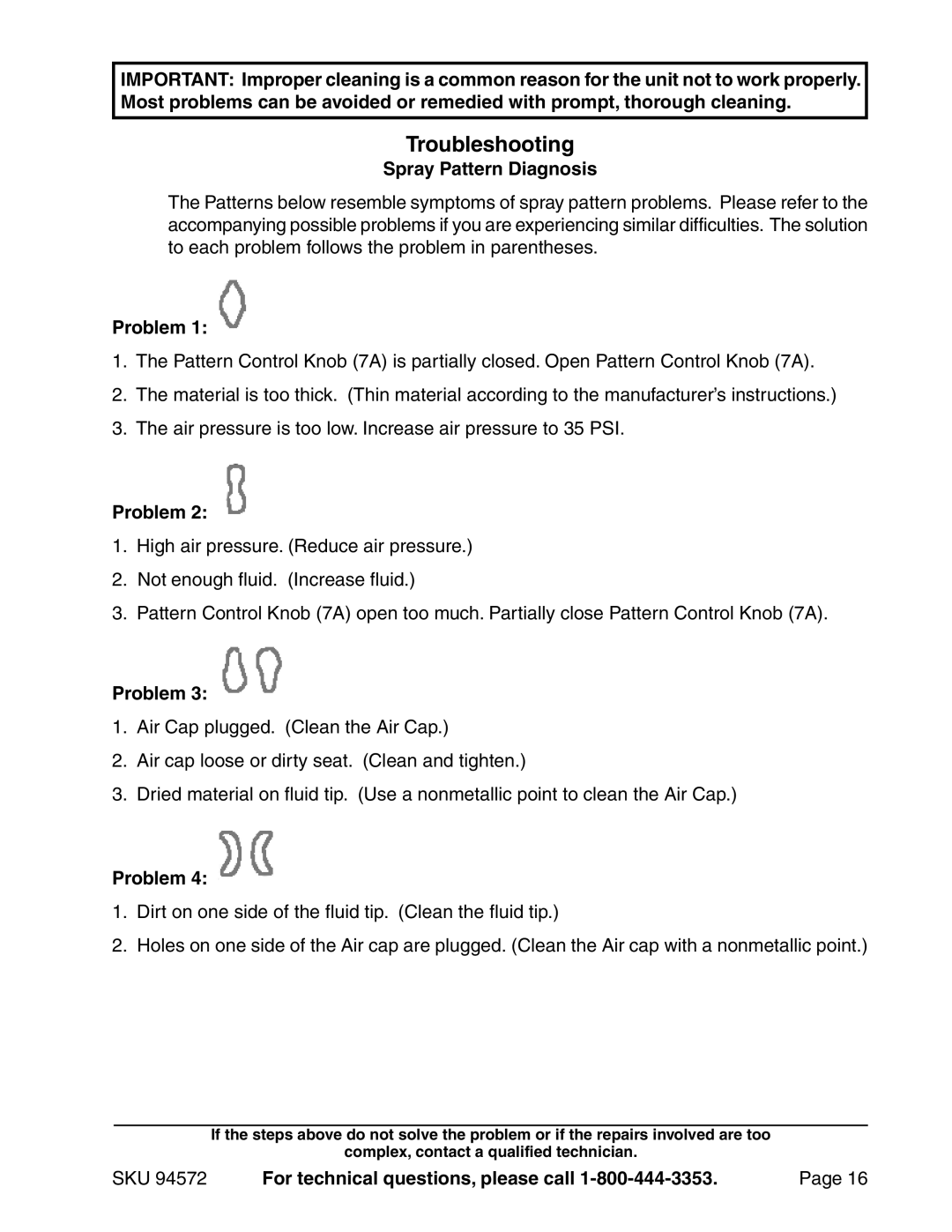 Harbor Freight Tools 94572 operating instructions Spray Pattern Diagnosis, Problem 