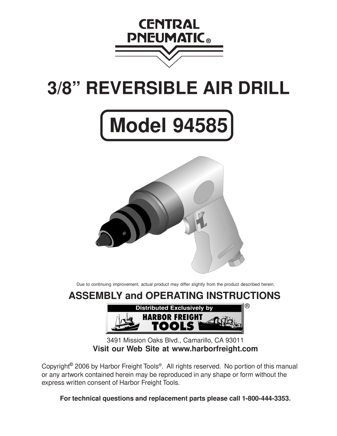 Harbor Freight Tools 94585 operating instructions Model 