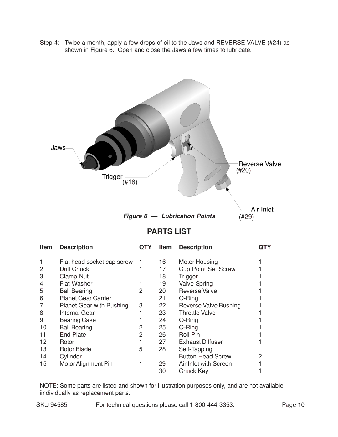 Harbor Freight Tools 94585 operating instructions Lubrication Points, Qty 