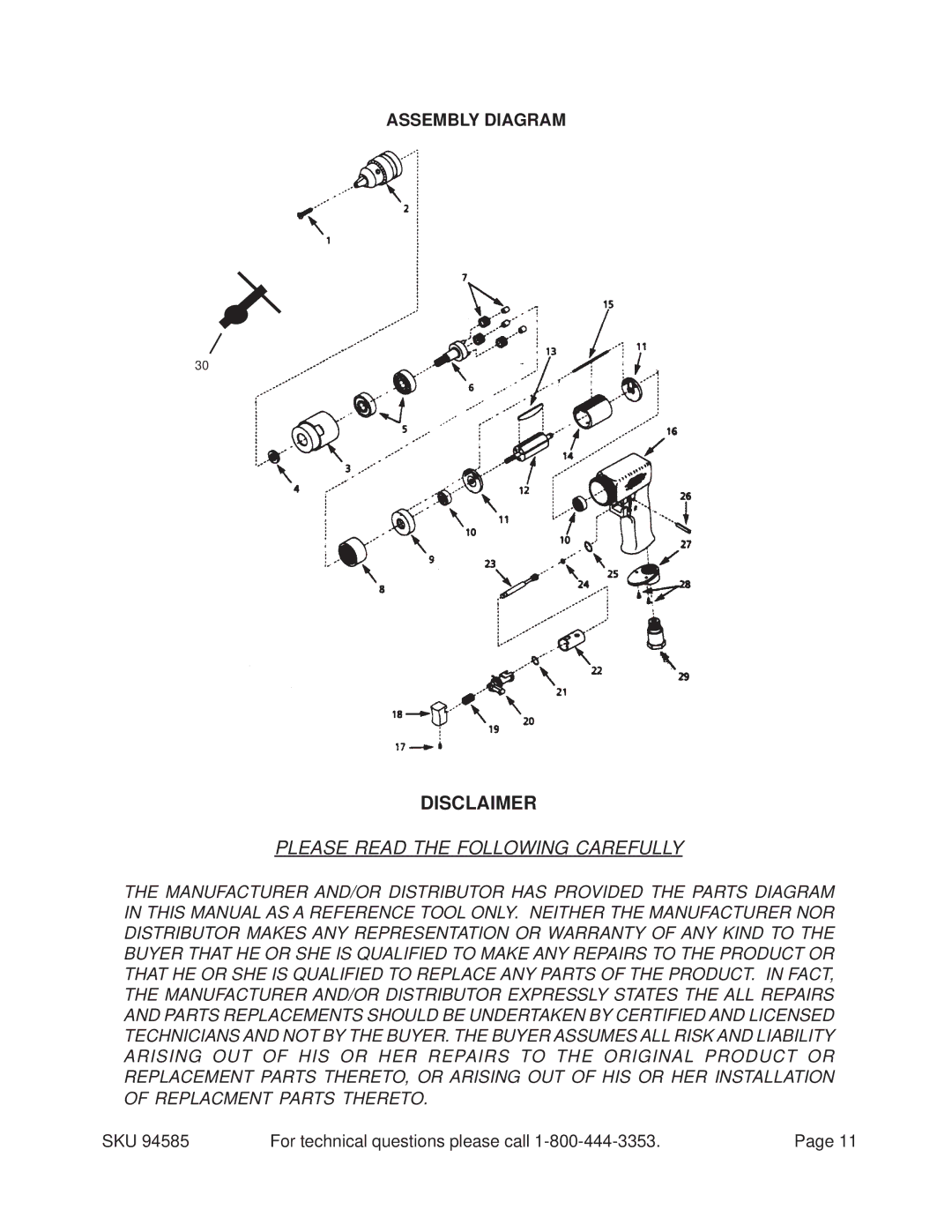 Harbor Freight Tools 94585 operating instructions Disclaimer, Assembly Diagram 