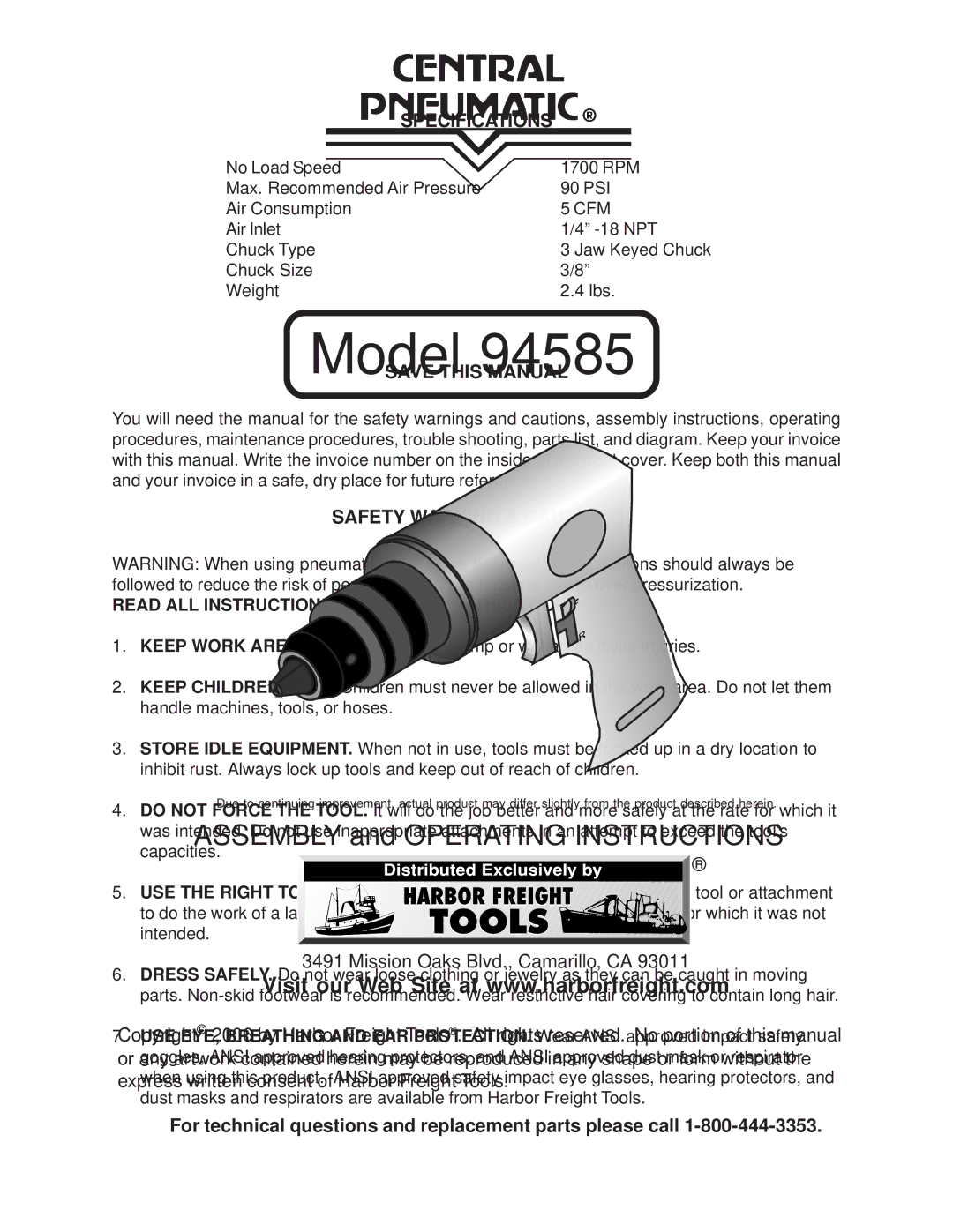 Harbor Freight Tools 94585 operating instructions Specifications, Read ALL Instructions Before Using this Tool 