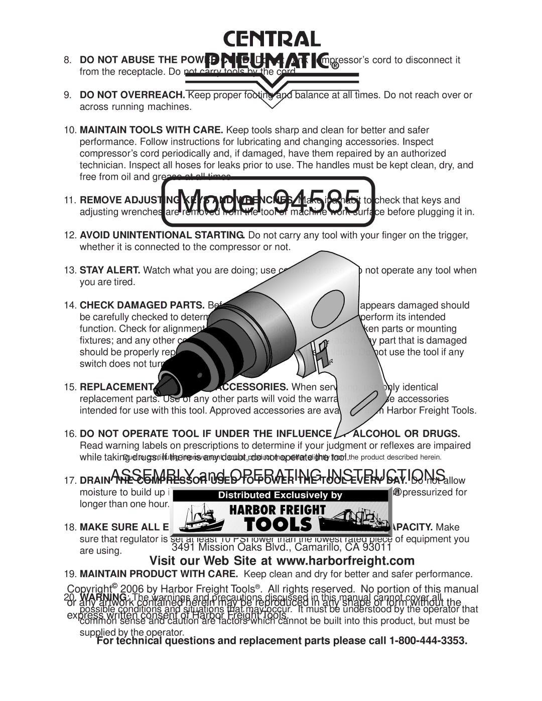 Harbor Freight Tools 94585 operating instructions 