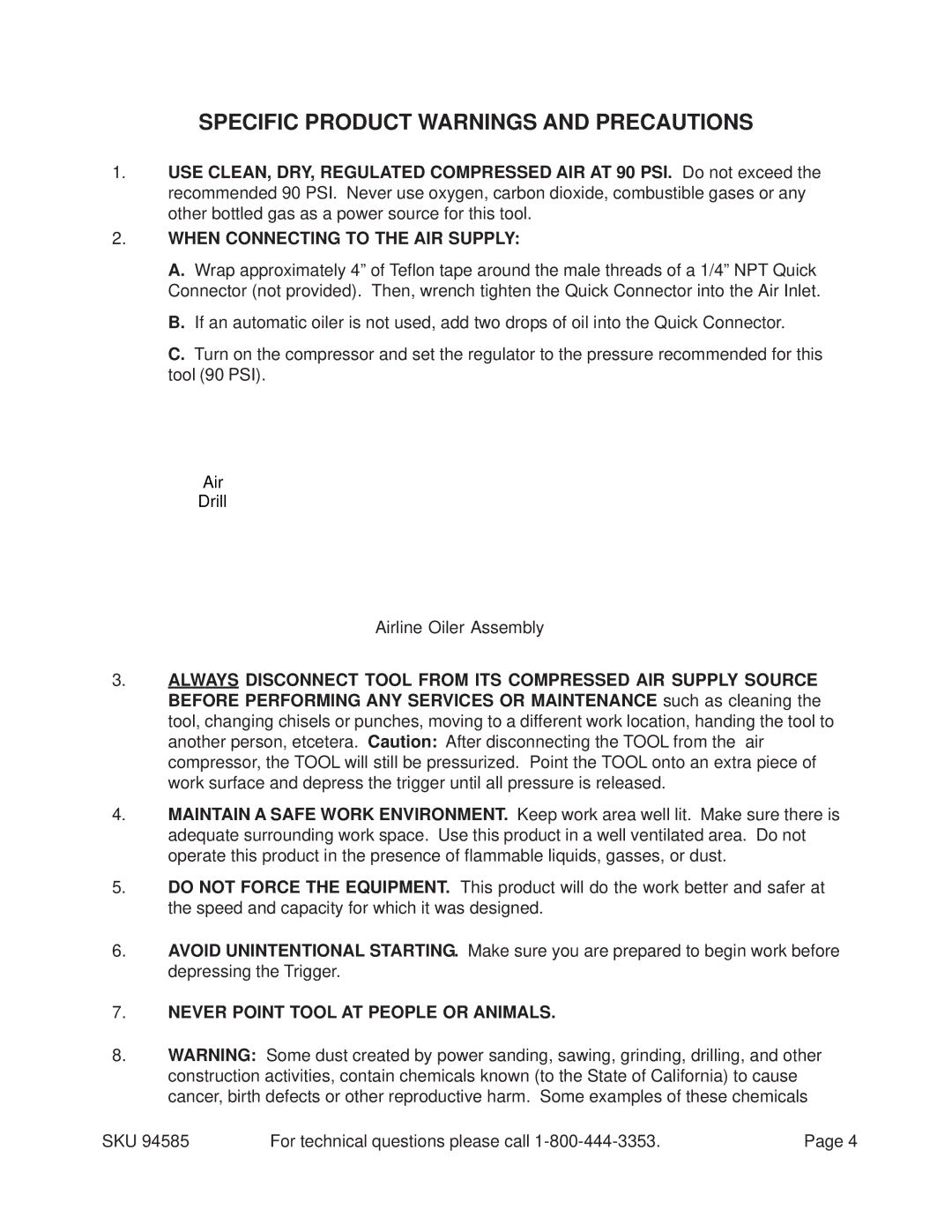 Harbor Freight Tools 94585 operating instructions When Connecting to the AIR Supply, Airline Oiler Assembly 