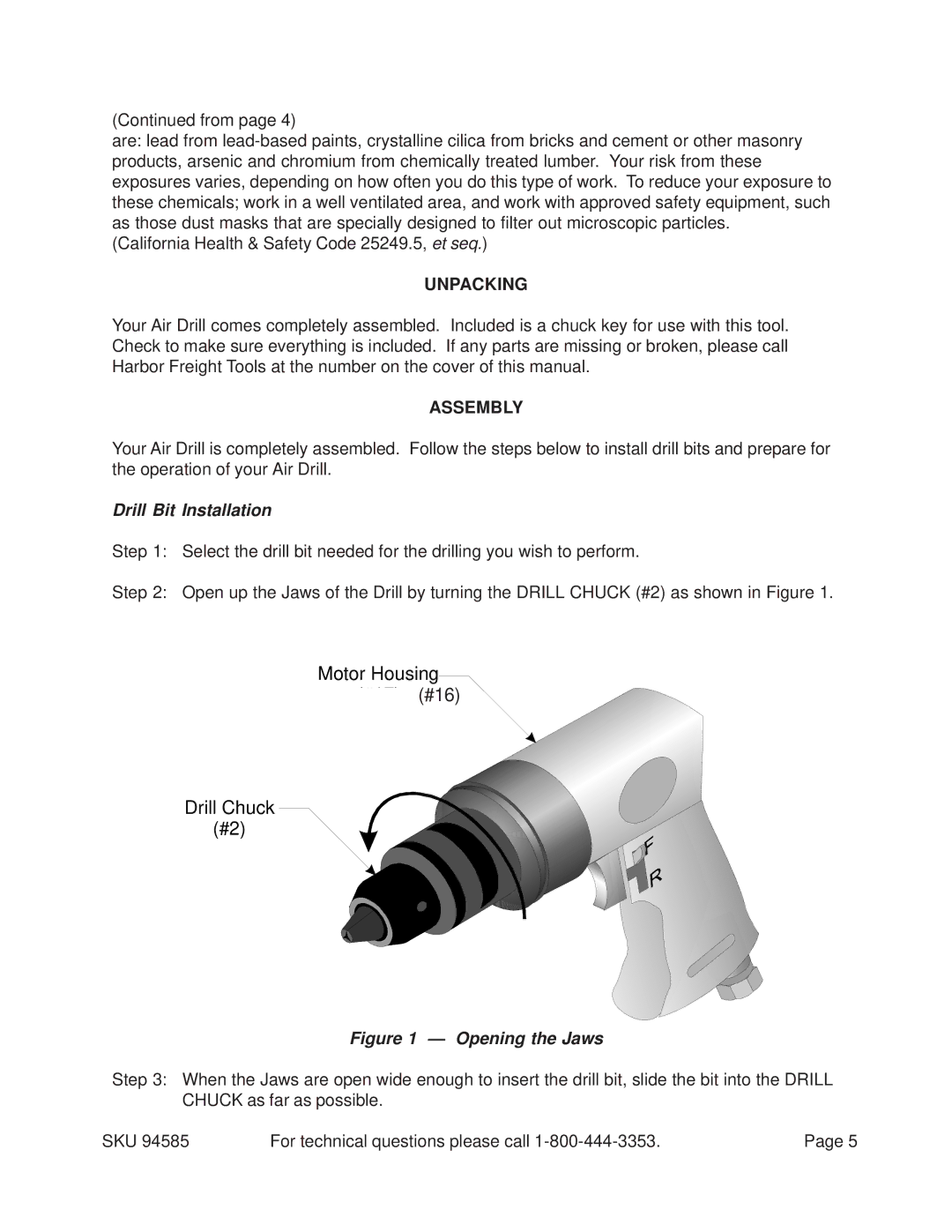 Harbor Freight Tools 94585 operating instructions Unpacking, Assembly, Drill Bit Installation 