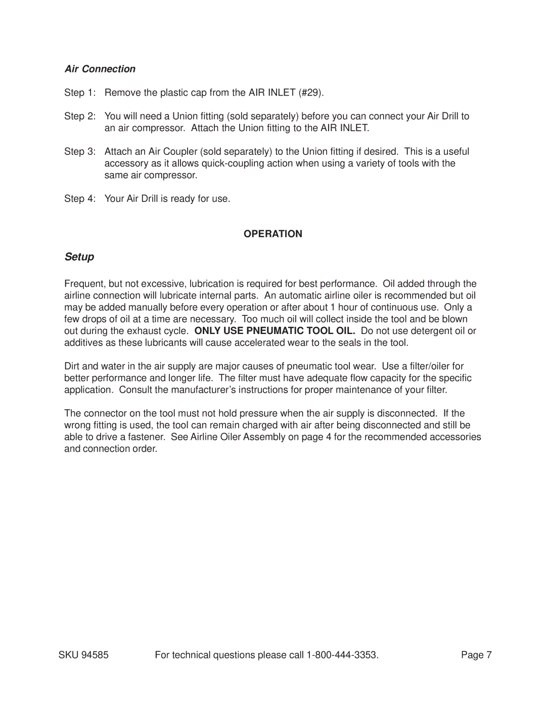 Harbor Freight Tools 94585 operating instructions Air Connection, Operation 