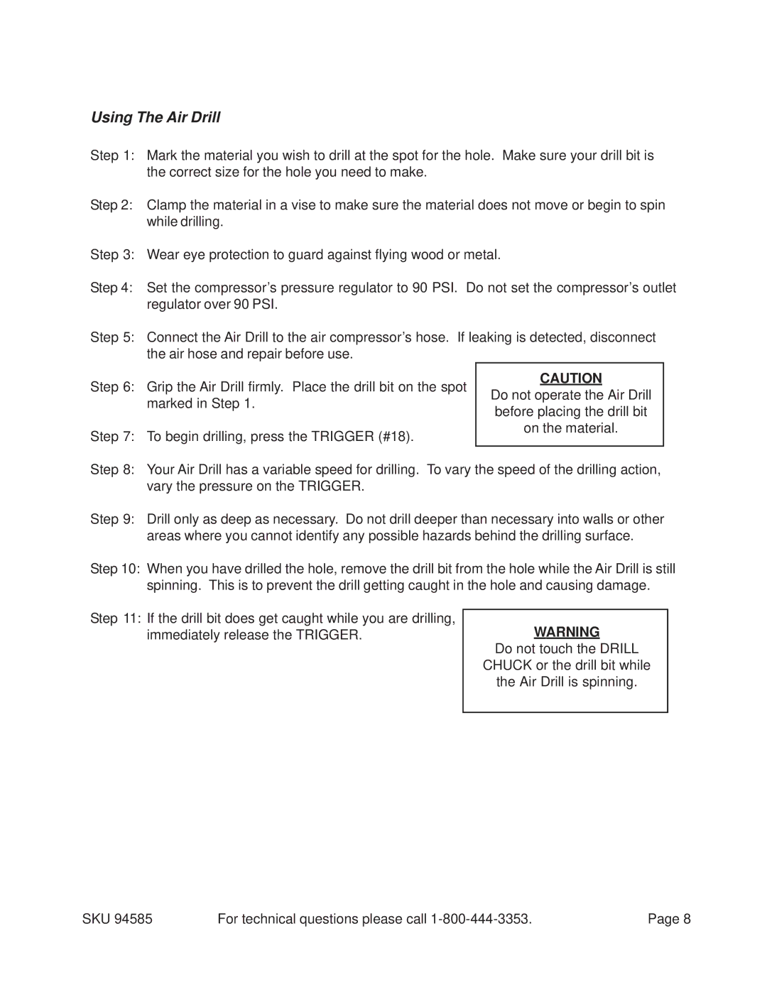 Harbor Freight Tools 94585 operating instructions Using The Air Drill 