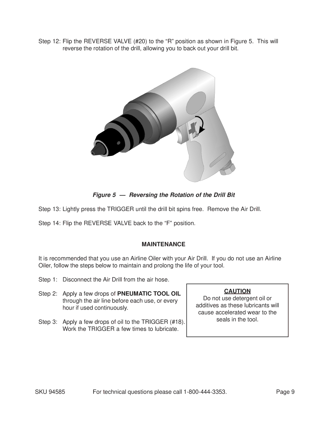 Harbor Freight Tools 94585 operating instructions Reversing the Rotation of the Drill Bit, Maintenance 