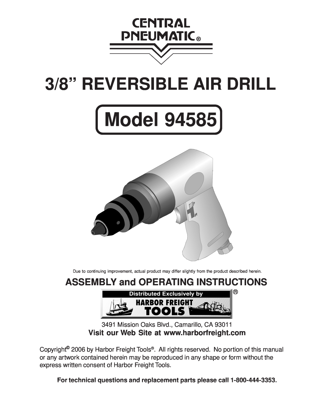 Harbor Freight Tools 94585 operating instructions Model, 3/8” REVERSIBLE AIR DRILL, ASSEMBLY and OPERATING INSTRUCTIONS 