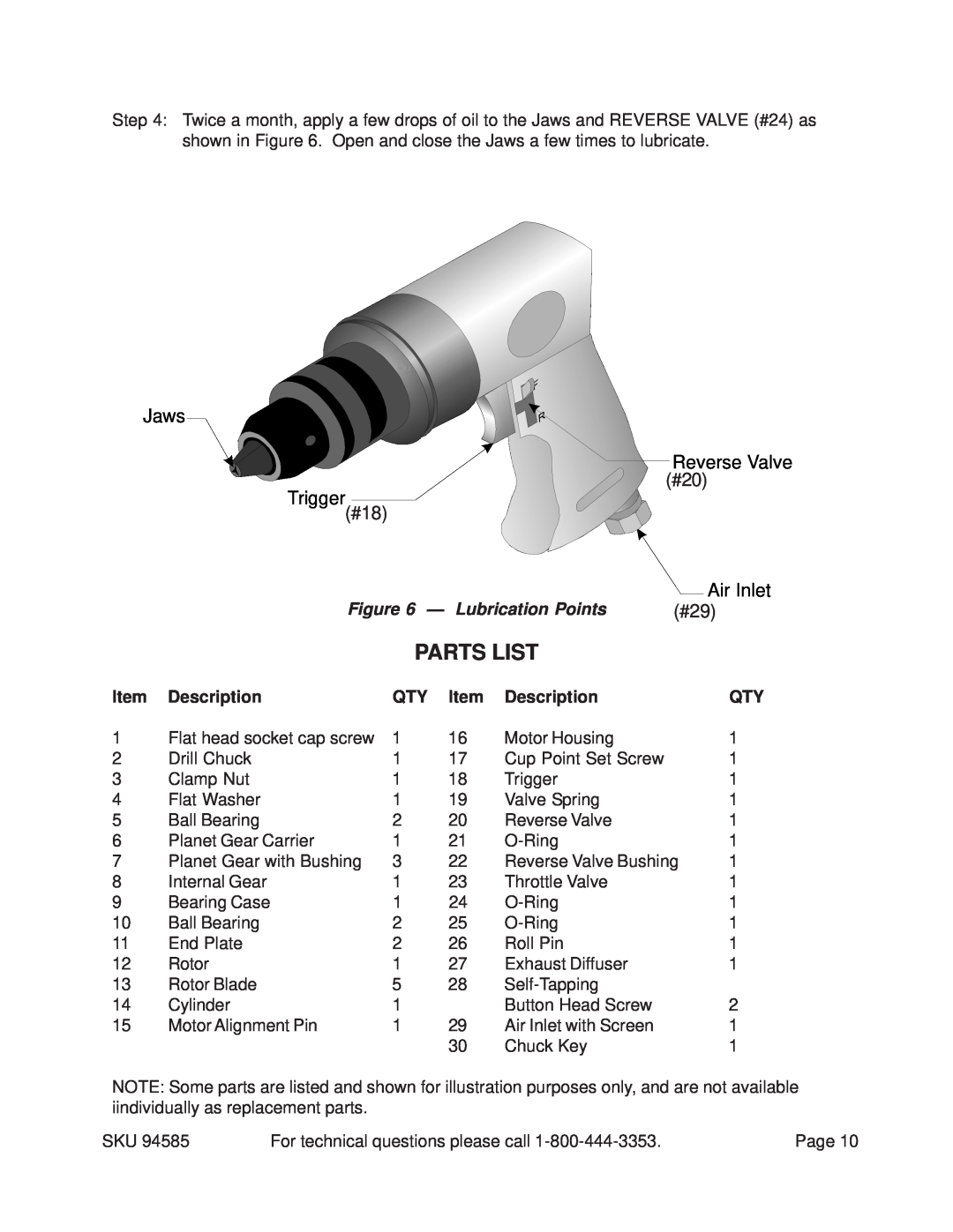 Harbor Freight Tools 94585 operating instructions Parts List, Jaws, Reverse Valve, Trigger, Air Inlet 