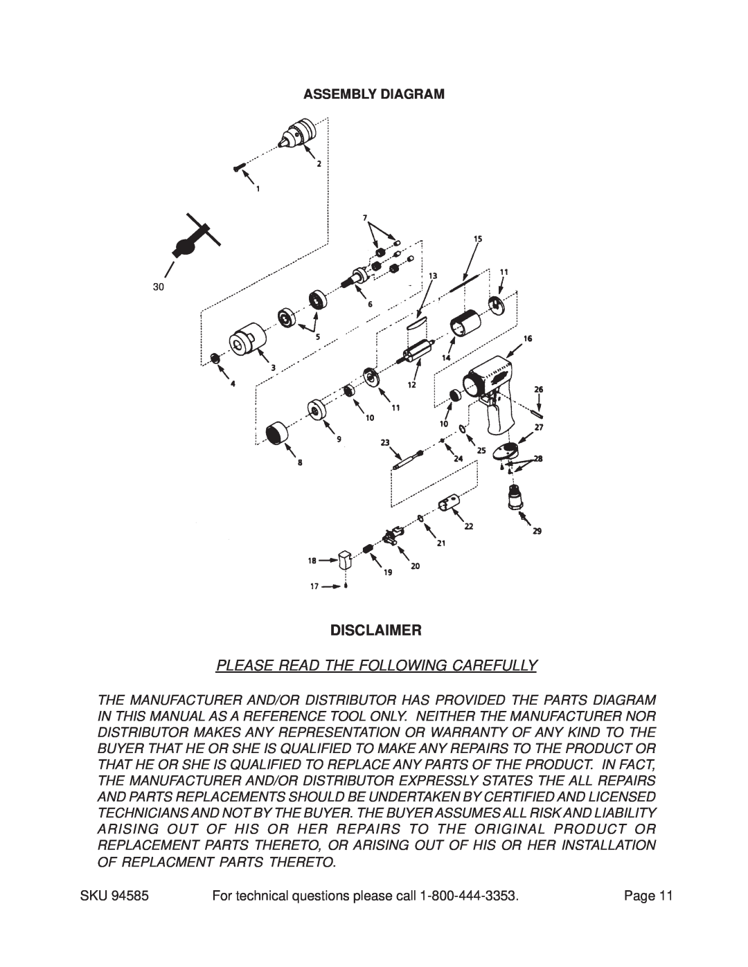 Harbor Freight Tools 94585 operating instructions Disclaimer, Please Read The Following Carefully, Assembly Diagram, Page 