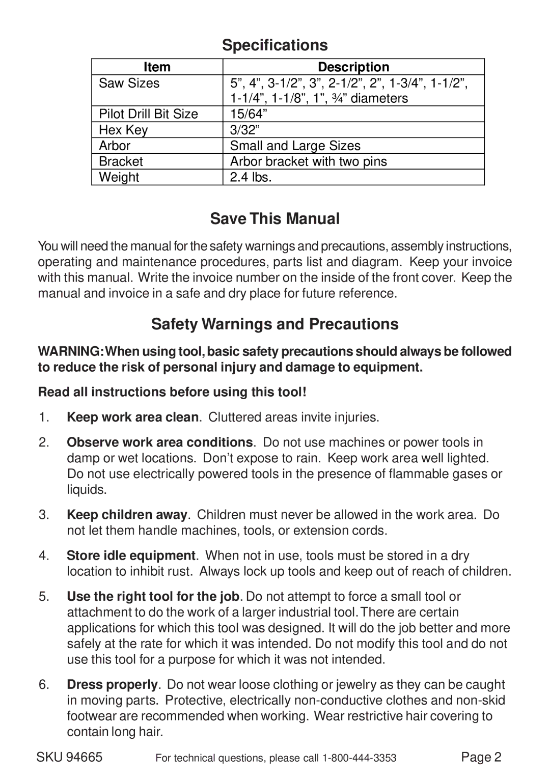 Harbor Freight Tools 94665 operating instructions Specifications, Save This Manual, Safety Warnings and Precautions 