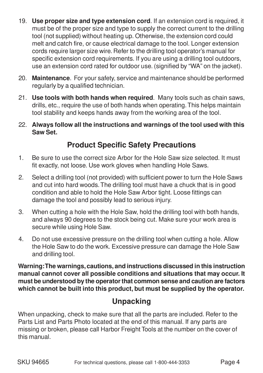 Harbor Freight Tools 94665 operating instructions Product Specific Safety Precautions, Unpacking 