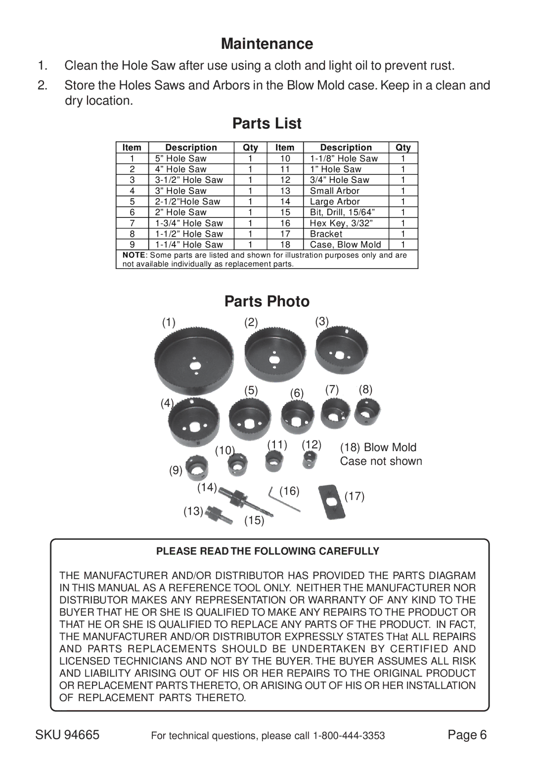 Harbor Freight Tools 94665 operating instructions Maintenance, Parts List, Parts Photo 