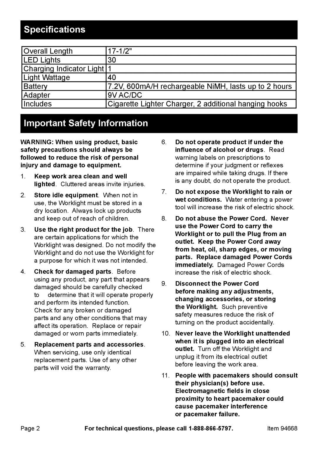 Harbor Freight Tools 94668 owner manual Specifications, Important Safety Information 