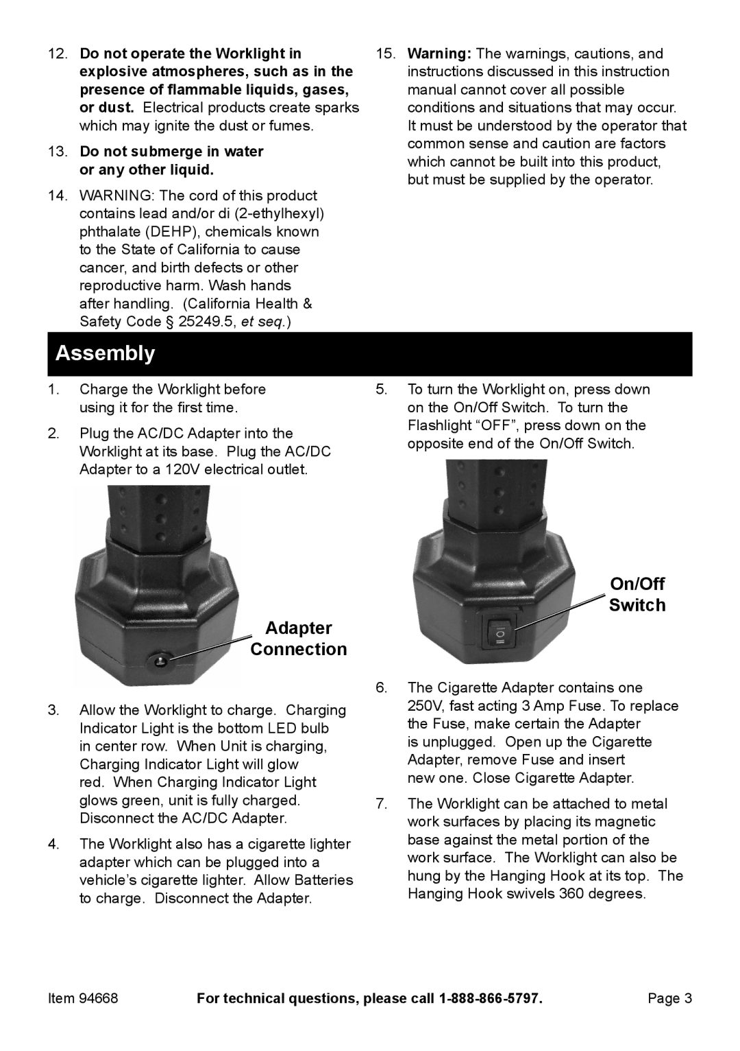 Harbor Freight Tools 94668 owner manual Assembly, Adapter Connection, On/Off Switch 