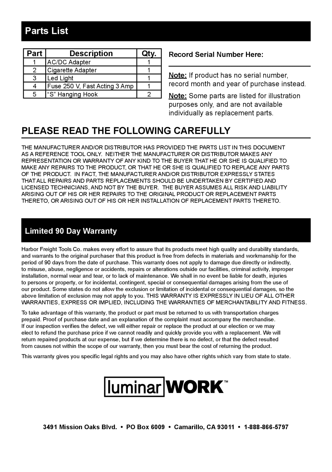 Harbor Freight Tools 94668 owner manual Parts List, Part Description Qty 