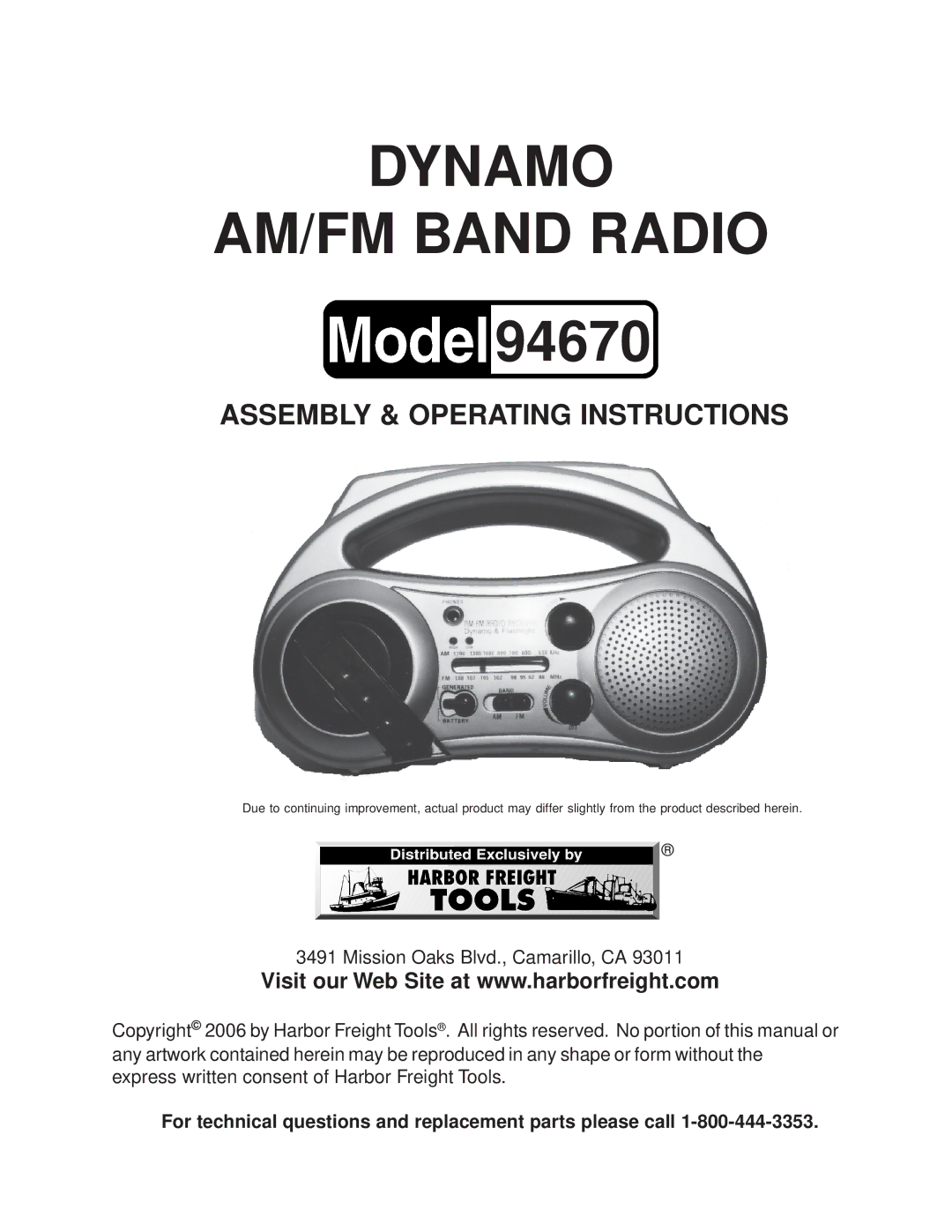 Harbor Freight Tools 94670 manual Dynamo AM/FM Band Radio 