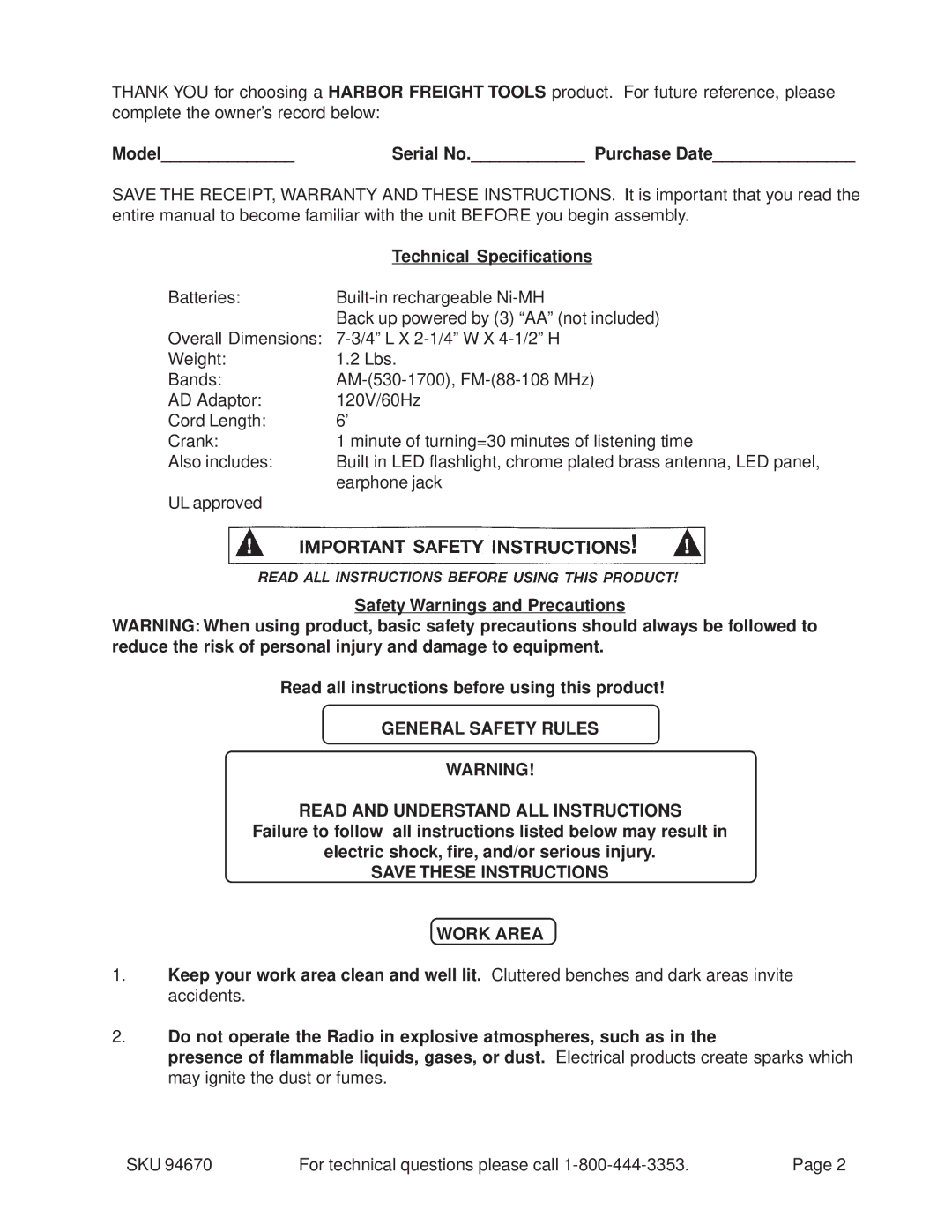 Harbor Freight Tools 94670 manual Model Serial No. Purchase Date, Technical Specifications, Work Area 