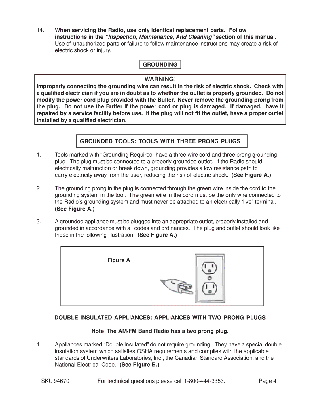 Harbor Freight Tools 94670 manual Grounding, Grounded Tools Tools with Three Prong Plugs, See Figure a 