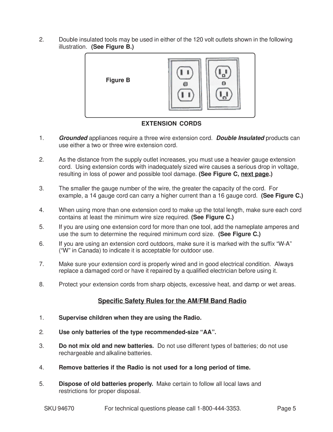 Harbor Freight Tools 94670 manual Figure B, Extension Cords 