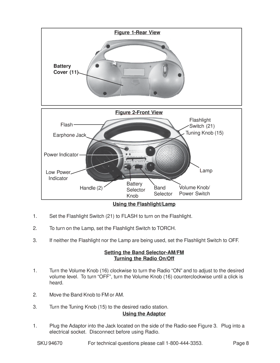 Harbor Freight Tools 94670 manual Using the Flashlight/Lamp, Setting the Band Selector-AM/FM Turning the Radio On/Off 