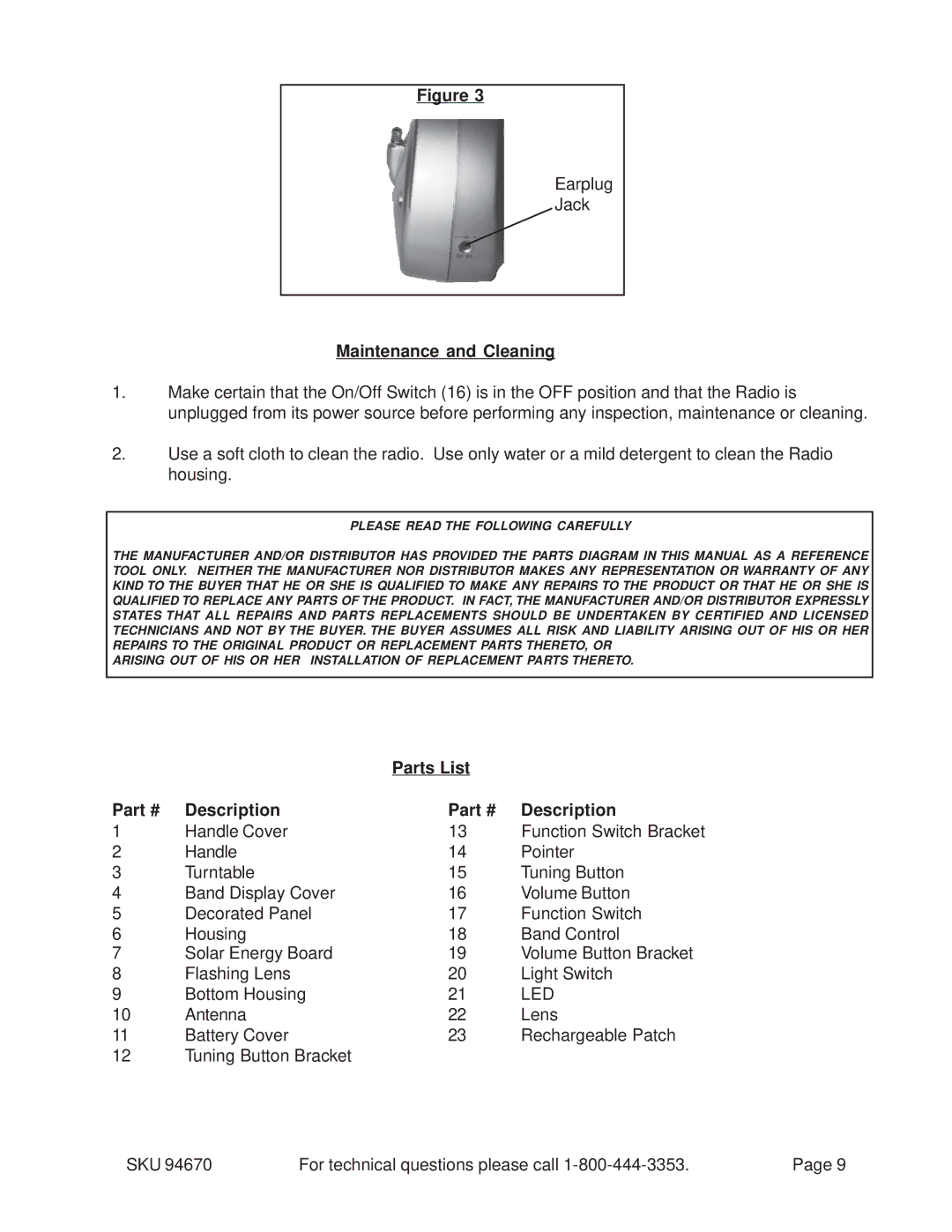 Harbor Freight Tools 94670 manual Maintenance and Cleaning, Parts List Description 