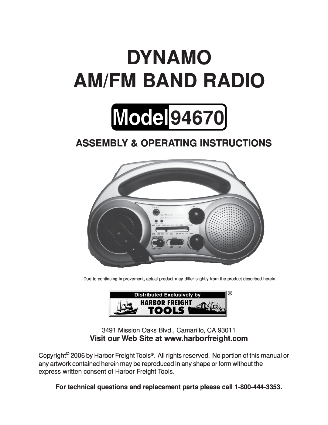 Harbor Freight Tools 94670 manual Dynamo Am/Fm Band Radio, Assembly & Operating Instructions 