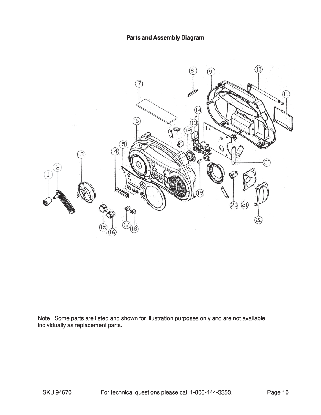 Harbor Freight Tools 94670 manual Parts and Assembly Diagram, For technical questions please call, Page 