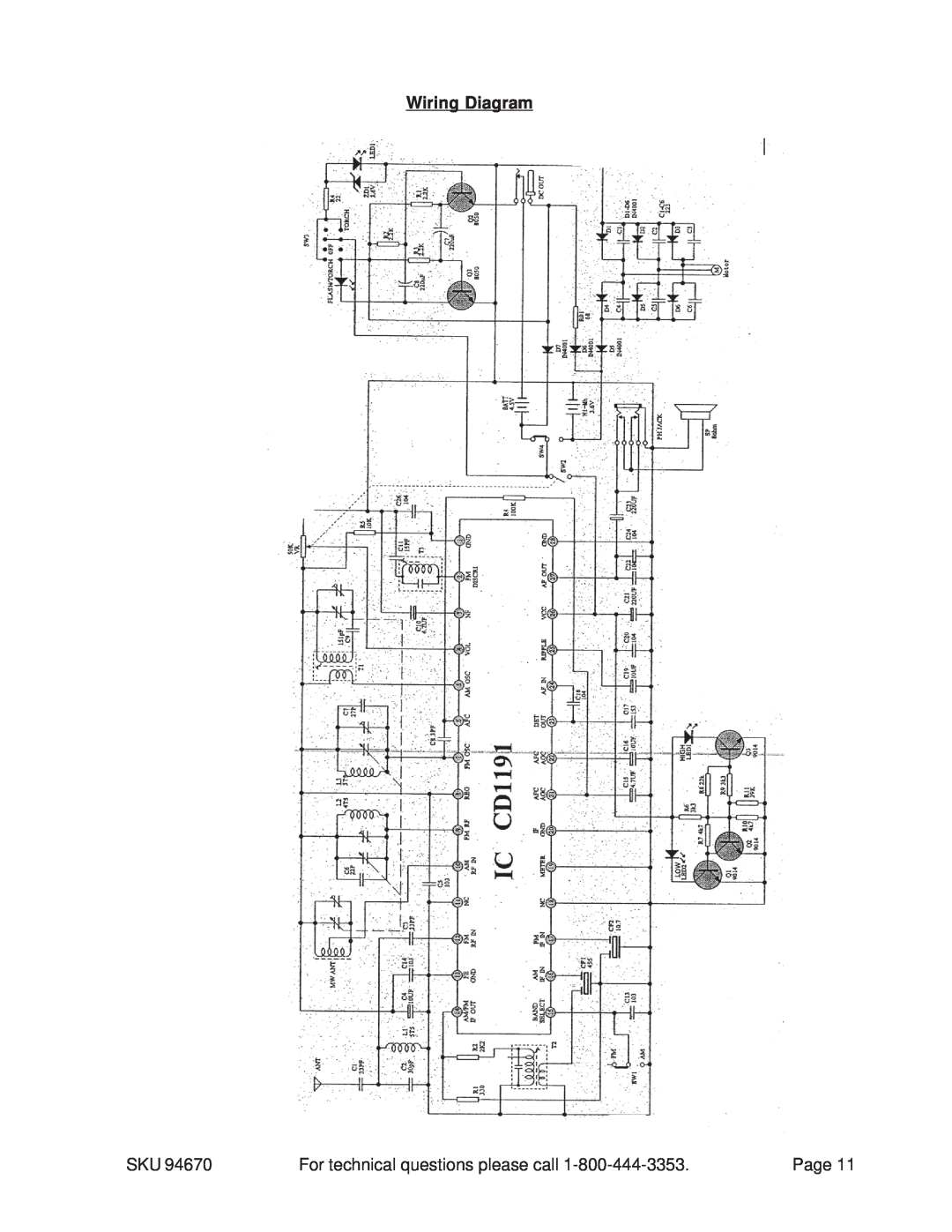 Harbor Freight Tools 94670 manual Wiring Diagram, For technical questions please call, Page 