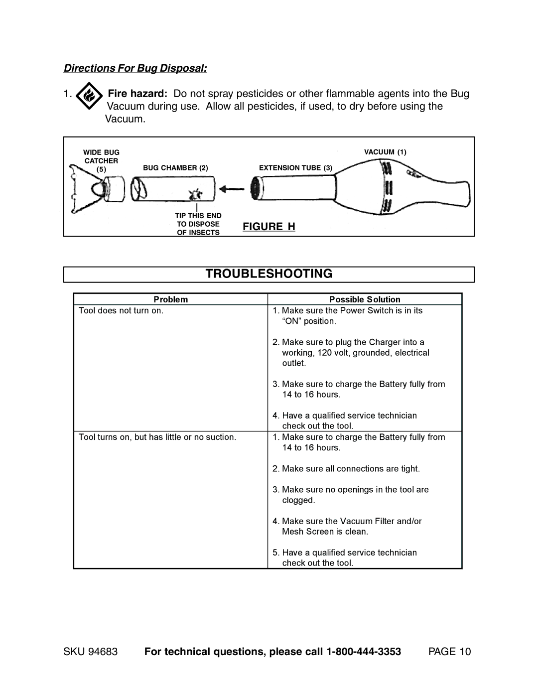 Harbor Freight Tools 94683 operating instructions Troubleshooting, Directions For Bug Disposal 