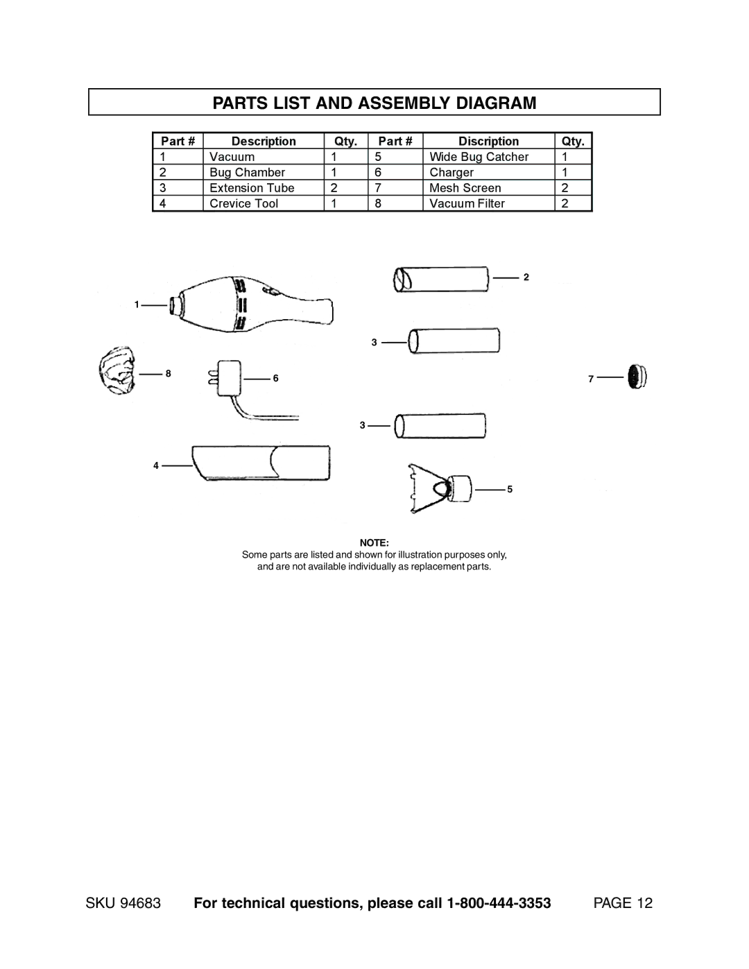 Harbor Freight Tools 94683 operating instructions Parts List and Assembly Diagram, Description Qty Discription 