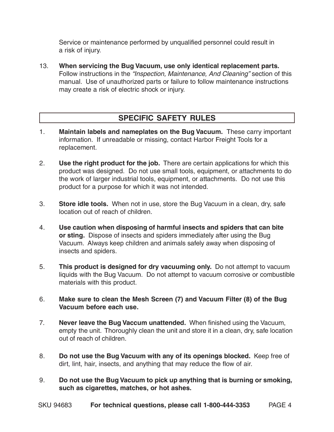 Harbor Freight Tools 94683 operating instructions Specific Safety Rules 